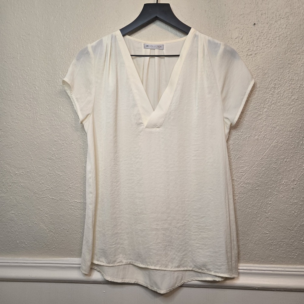 DE Collection Gauze Texture Ivory Short Sleeve V Neck Semi‎ Sheer Blouse Large